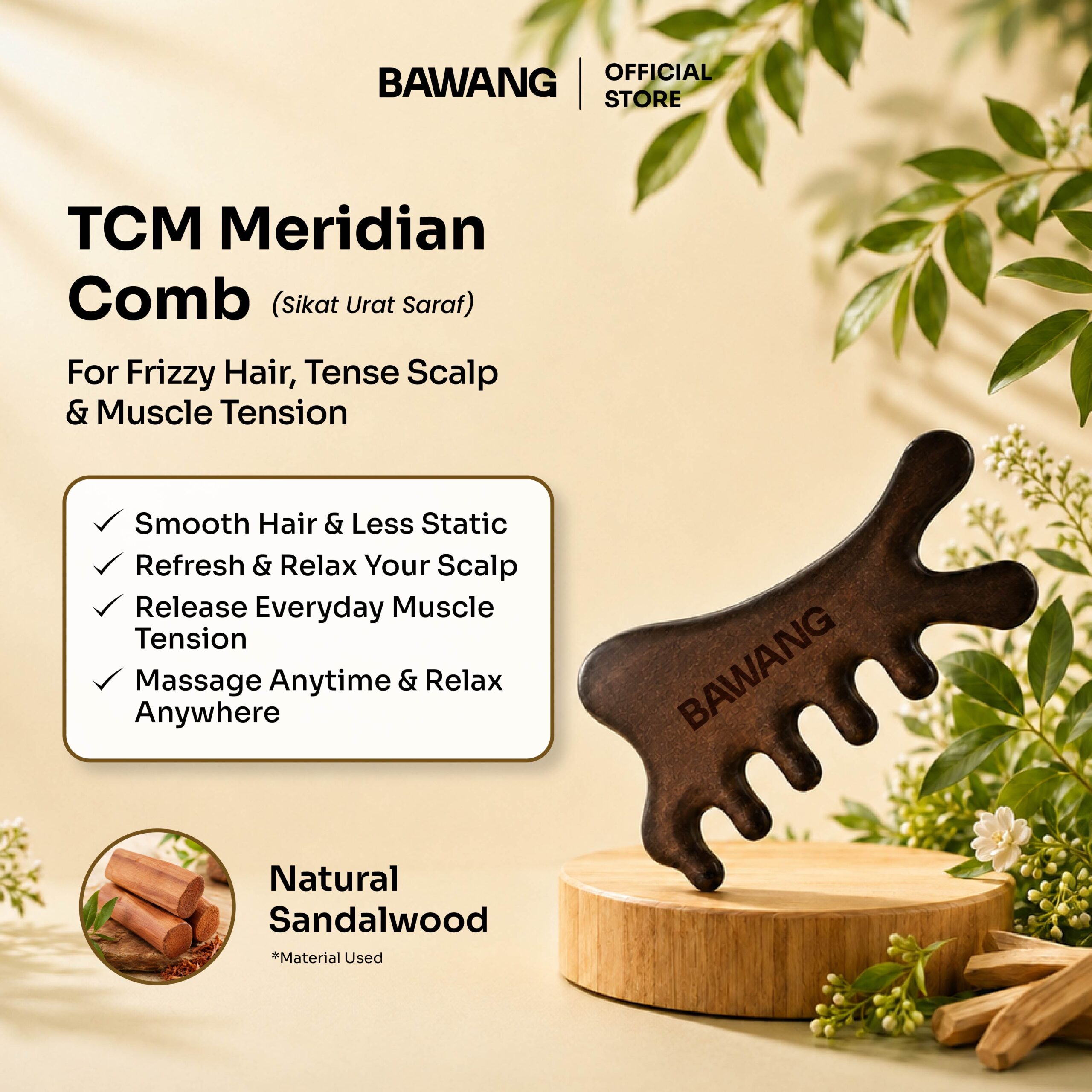 BAWANG Meridian Wooden Massage Comb | Sikat Urat Saraf